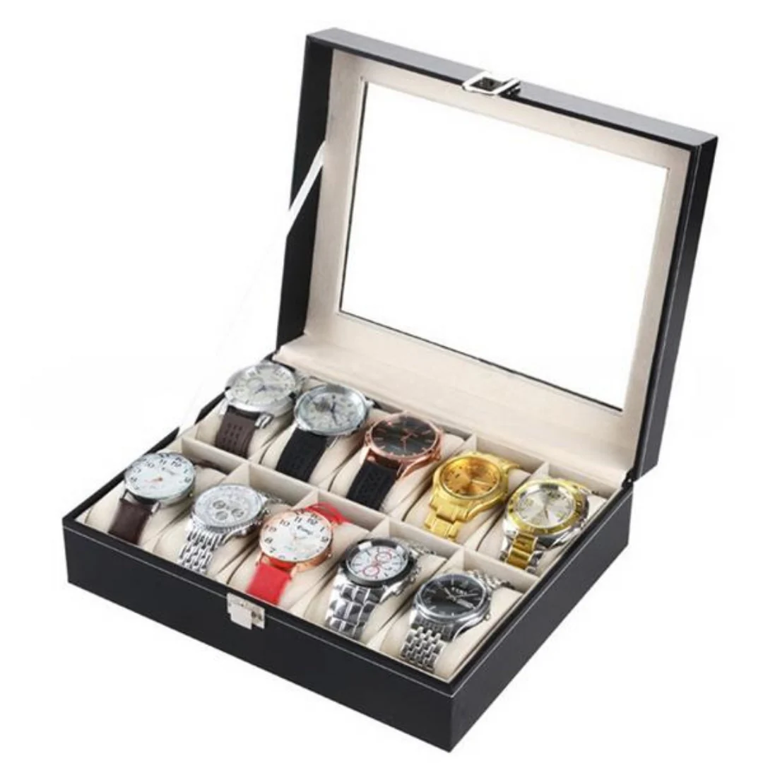 Watchfinder 10-Compartment Premium Leather Watch Case — Black - Image 3