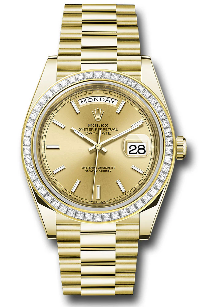 Rolex Yellow Gold Day-Date 40 Watch - Baguette Diamond Bezel - Champagne Index Dial - President  18k